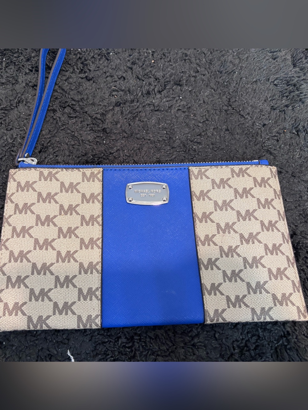 Michael Kors Jet Set Large Wristlet Clutch - Tan MK Signature Monogram & Blue Ce